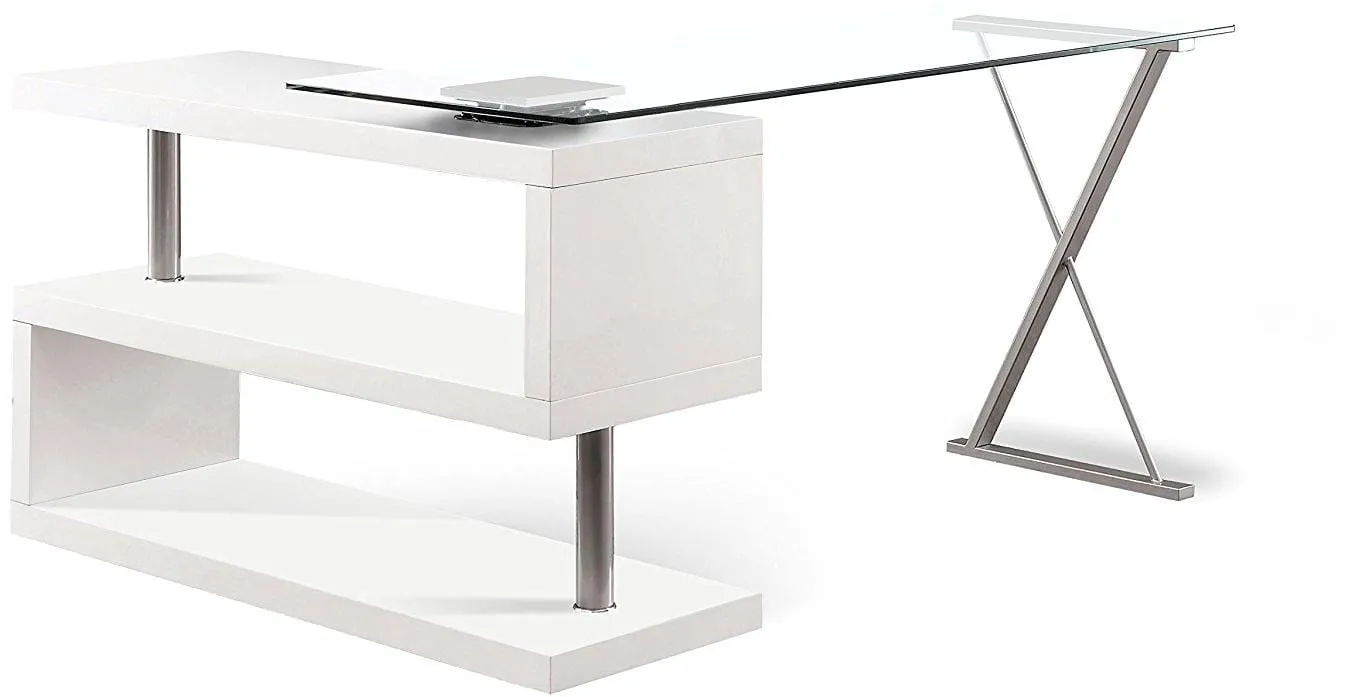 55" Clear and White Glass Mirrored L Shape Executive Desk