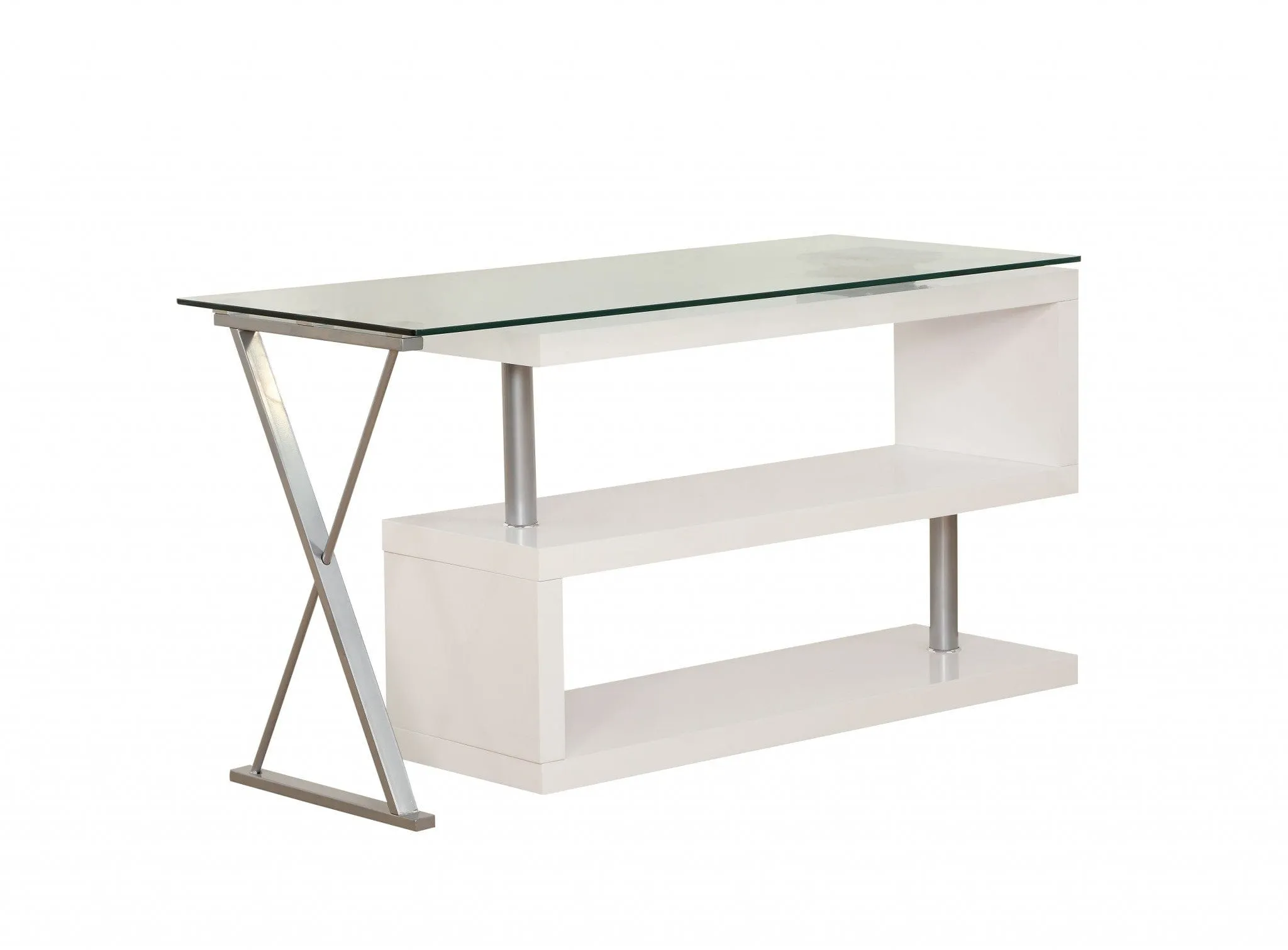 55" Clear and White Glass Mirrored L Shape Executive Desk