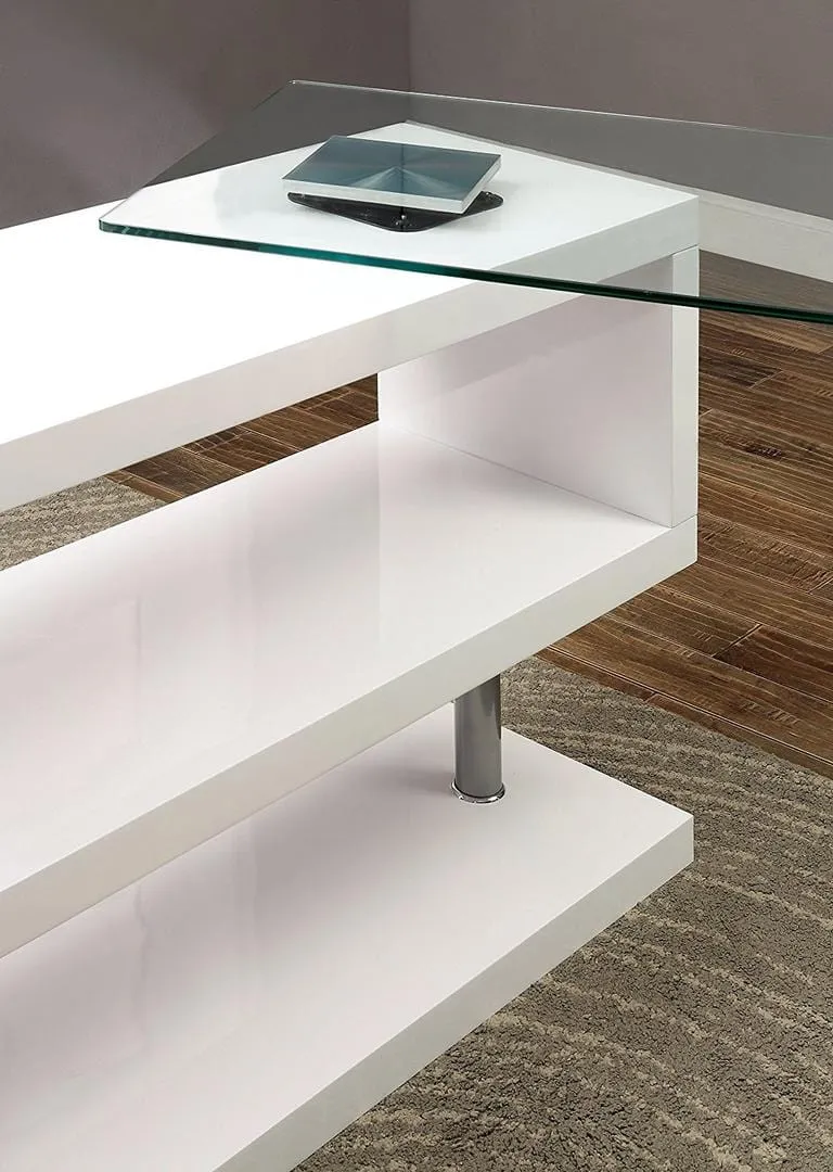 55" Clear and White Glass Mirrored L Shape Executive Desk