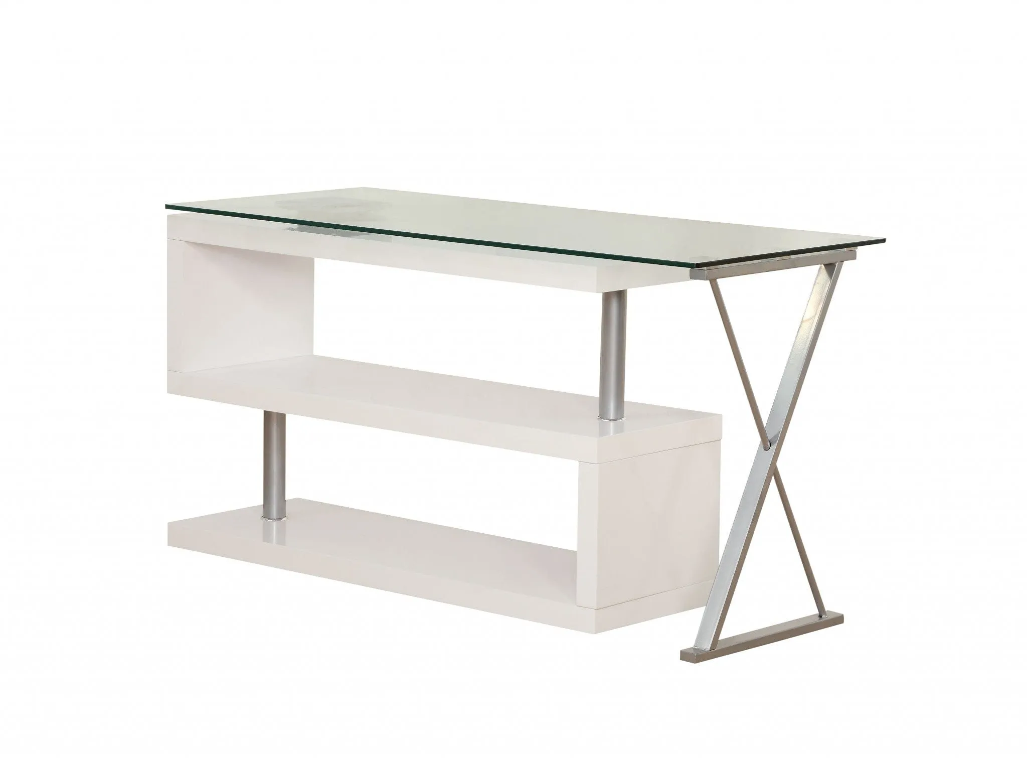 55" Clear and White Glass Mirrored L Shape Executive Desk