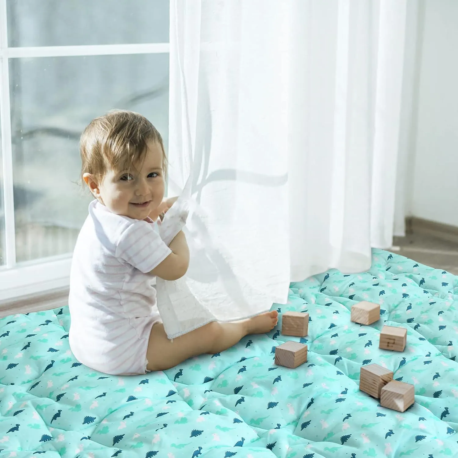 Baby Play Mat | Playpen Mat - 72'' x 59'', Thicker Padded Tummy Time Activity Mat for Infant & Toddler, Blue Dinosaur