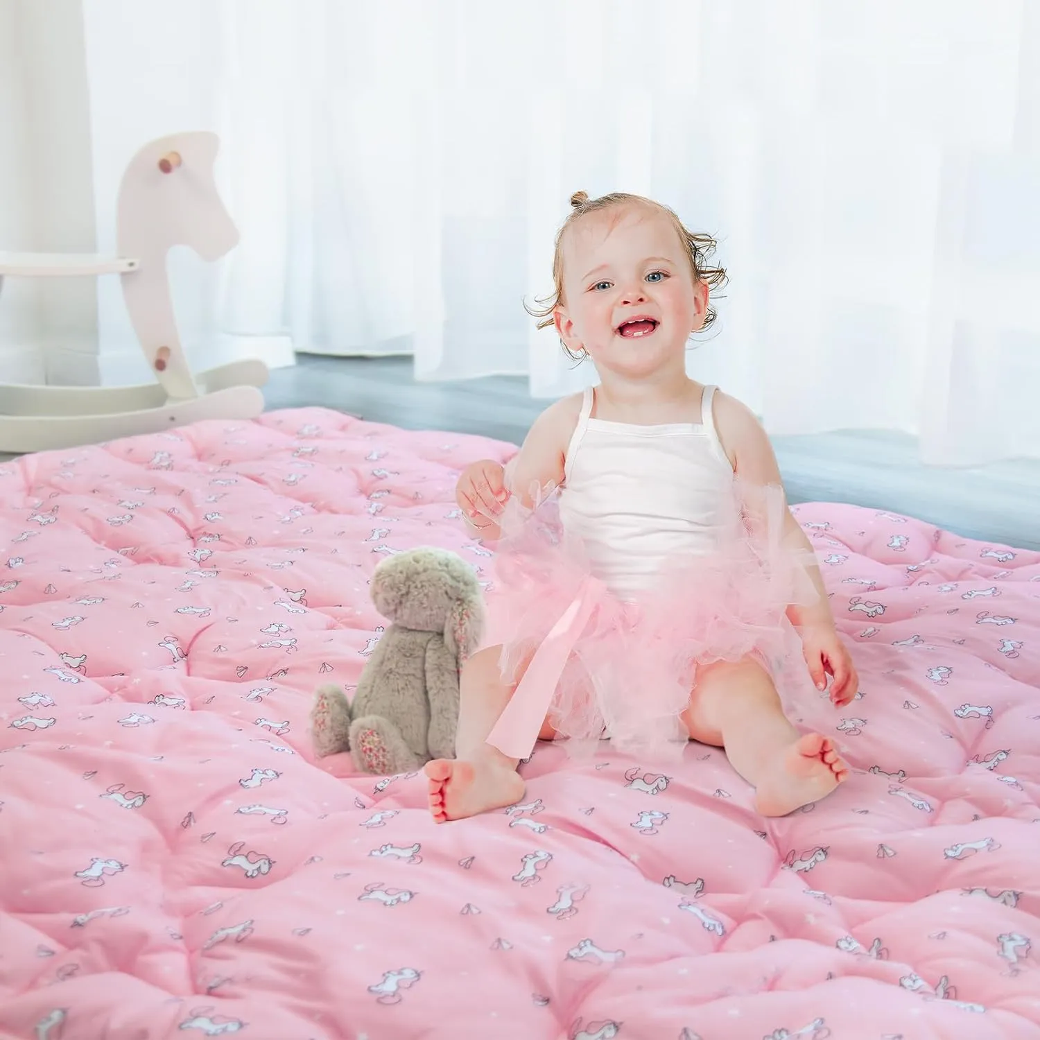 Baby Play Mat | Playpen Mat - 72'' x 59'', Thicker Padded Tummy Time Activity Mat for Infant & Toddler, Pink Horse