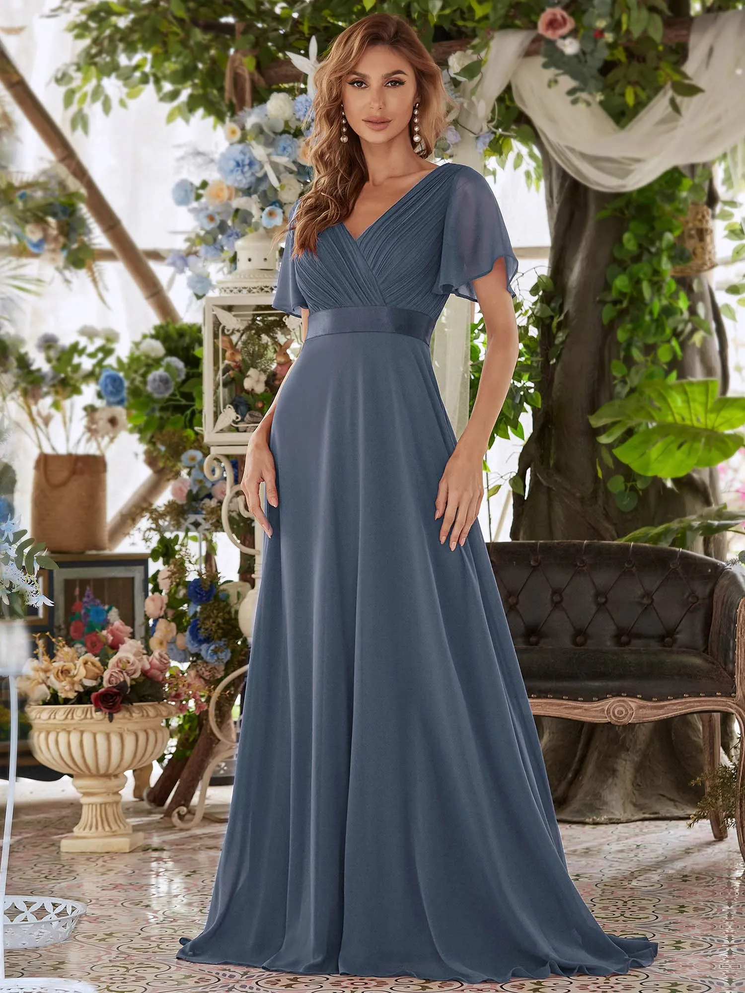 Burgundy Ladies Double V-Neck Short Flutter Sleeves Empire Waist Elegant Chiffon Long Evening Dresses - Ever-Pretty