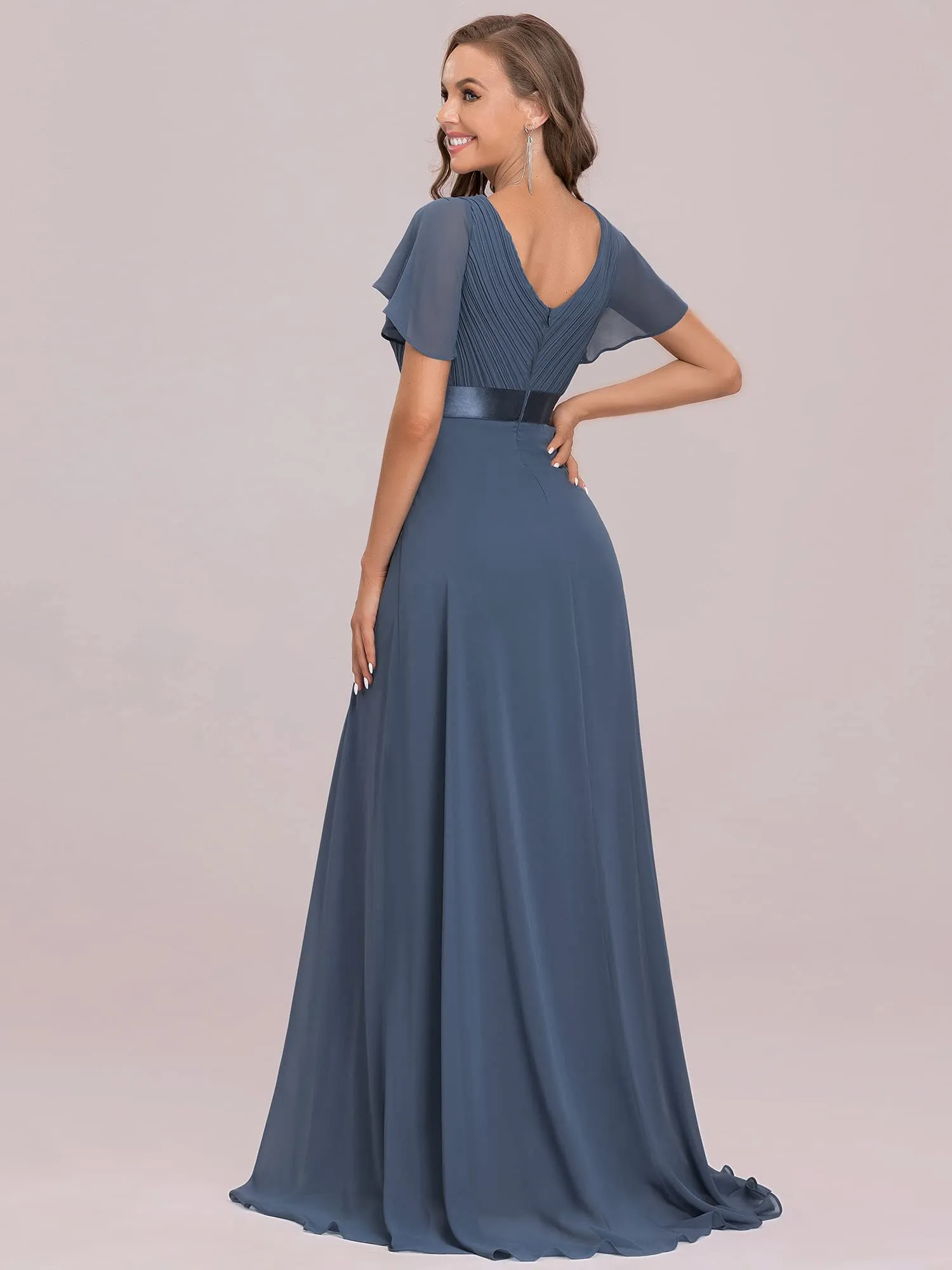 Burgundy Ladies Double V-Neck Short Flutter Sleeves Empire Waist Elegant Chiffon Long Evening Dresses - Ever-Pretty