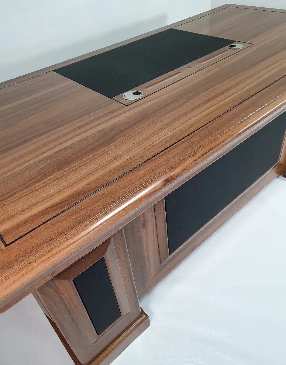 Executive Light Oak Desk With Leather Detailing - With Pedestal and Return - 1819