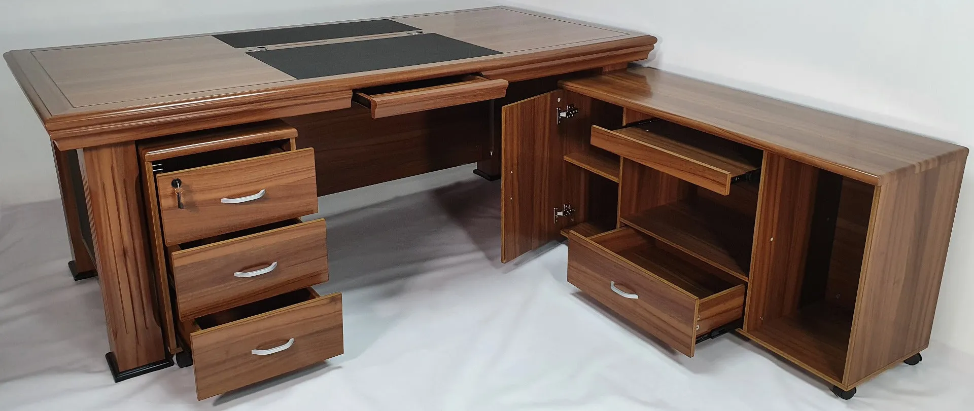 Light Oak Executive Desk With Leather Detailing - With Pedestal and Return - 2233