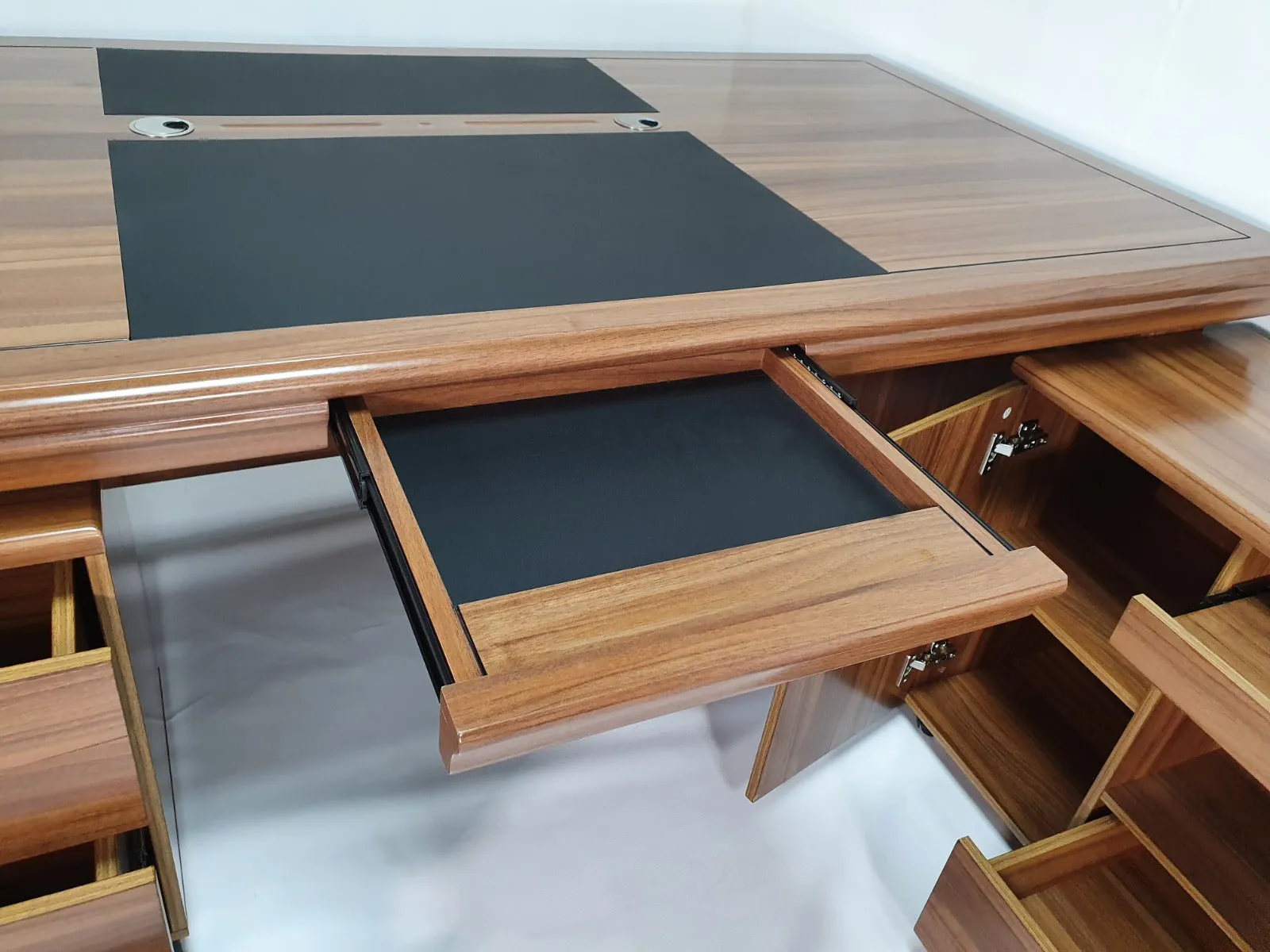 Light Oak Executive Desk With Leather Detailing - With Pedestal and Return - 2233