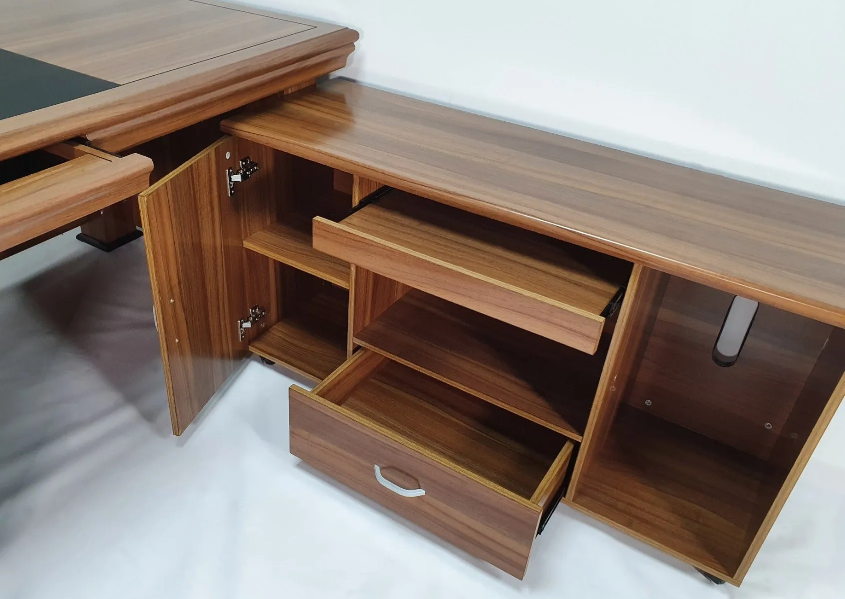Light Oak Executive Desk With Leather Detailing - With Pedestal and Return - 2233