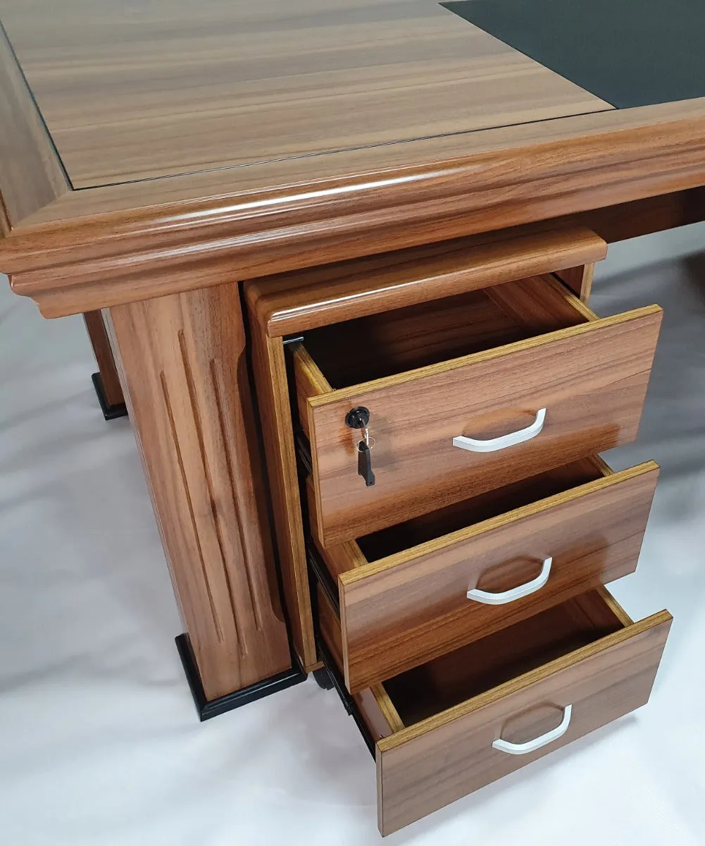 Light Oak Executive Desk With Leather Detailing - With Pedestal and Return - 2233