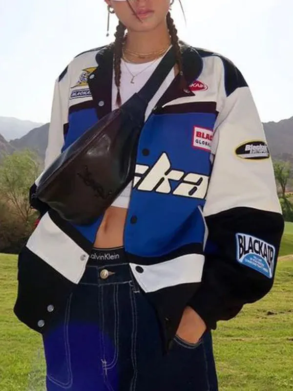 Patchwork Letters Button Moto Jacket