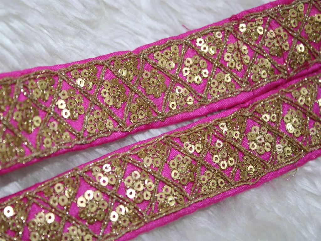 Pink Fancy Sequins Trim Embroidered Lace Border