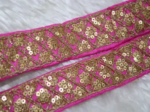 Pink Fancy Sequins Trim Embroidered Lace Border