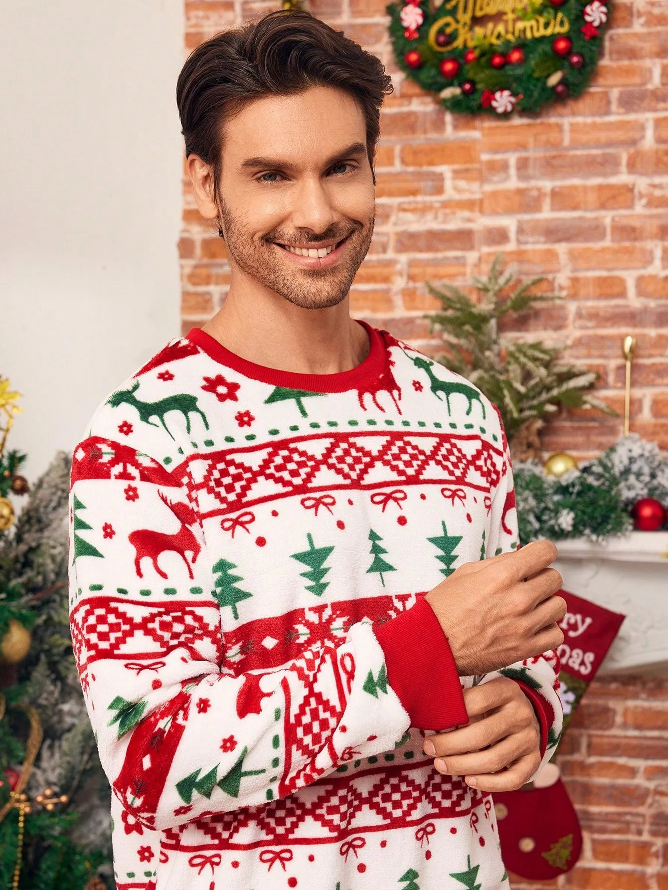 Plush pajama pants|2pcs Men's Plush Christmas Pajama Set