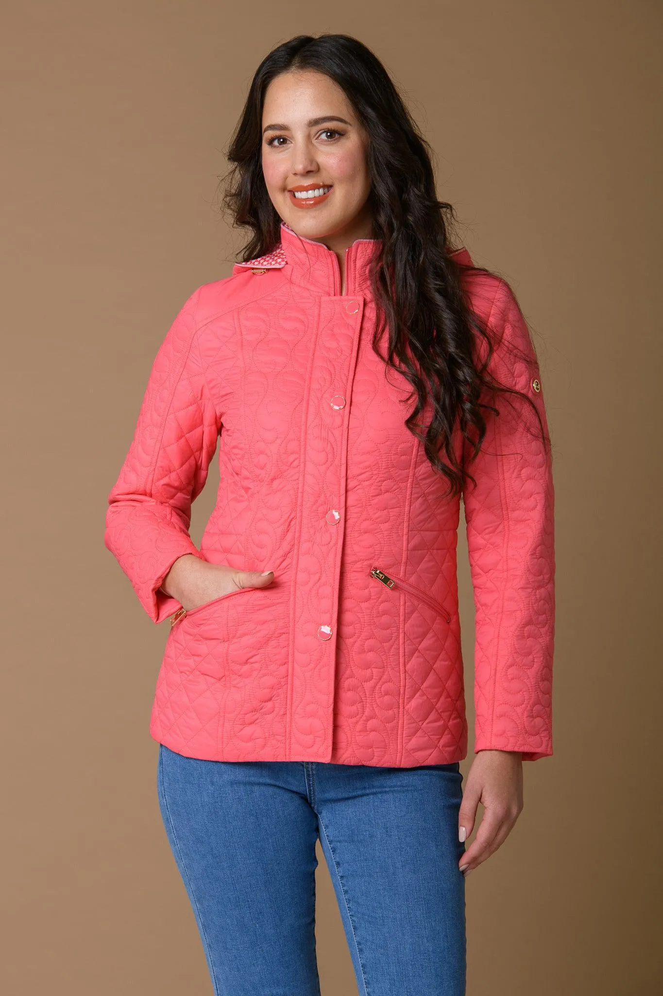 Squiggle Print Lining Jacket - Coral