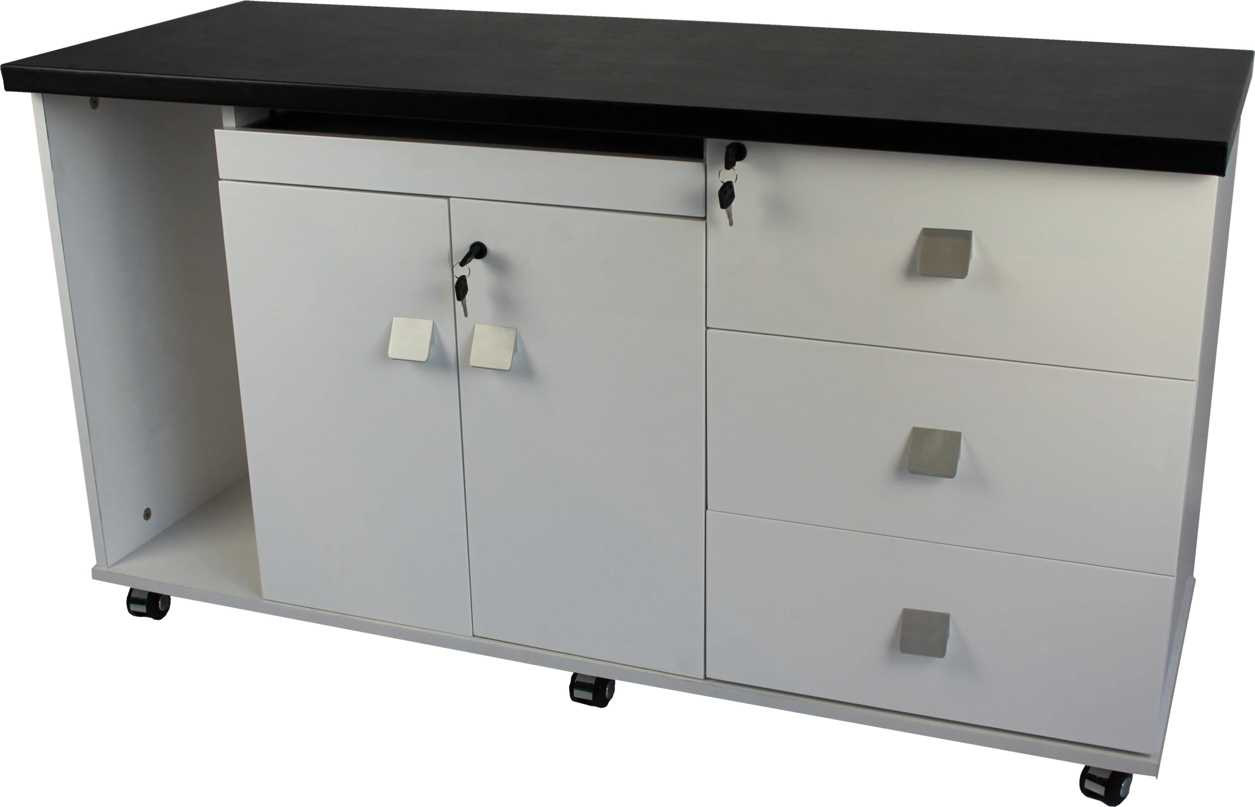 White Gloss and Black Leather Executive Desk with Return and Pedestal T1360