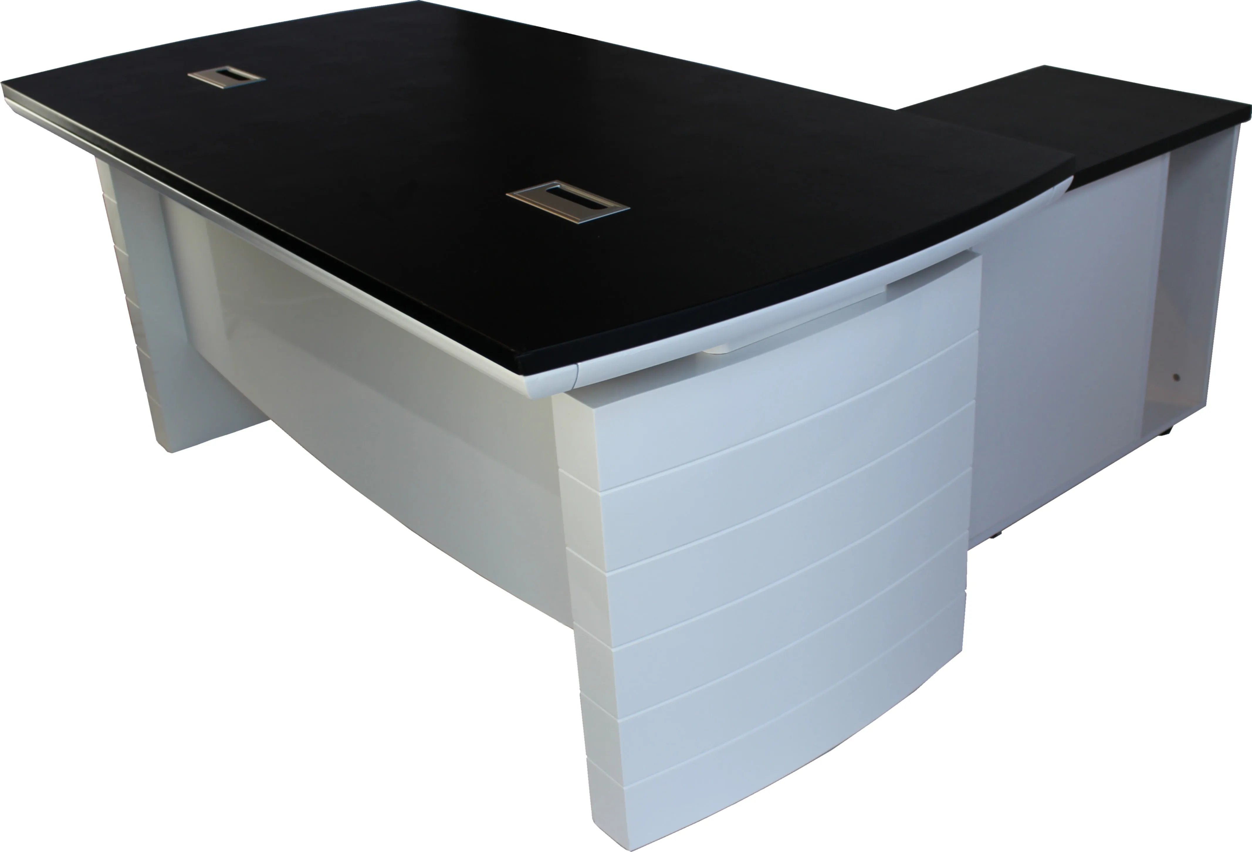 White Gloss and Black Leather Executive Desk with Return and Pedestal T1360